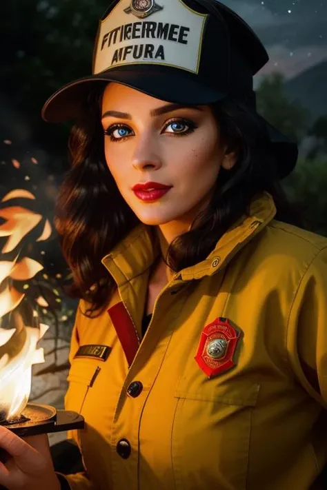 , photo of a woman, ((outdoors, fire, at night)),((firefighter uniform, firefighter hat)) smiling, (lipstick, blush, eye shadow), ((best quality, masterpiece, extreme details, high resolution):1.2),((detailed eyes, beautiful eyes, detailed face, beautiful face):1.2) <lora:robertavasquez-v2:0.6>