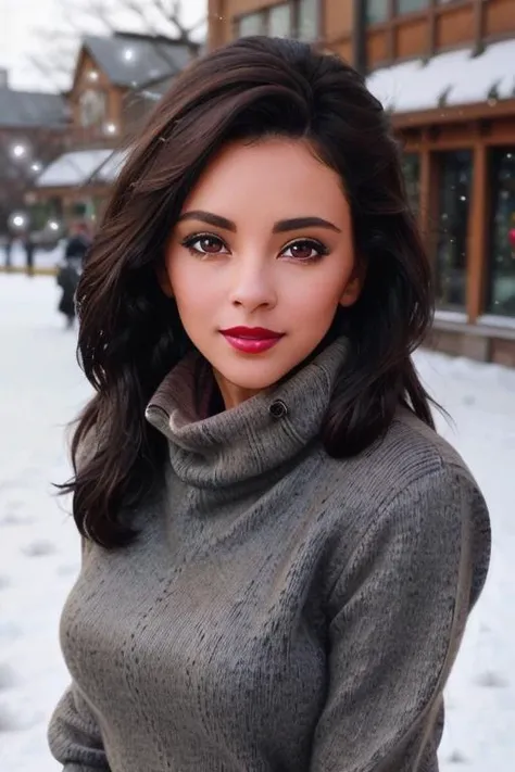 , photo of a woman,  , ((dark brown hair)), ((turtleneck sweater, jacket, leggings, snow, city)),smiling, (red lipstick, blush), ((best quality, masterpiece, extreme details, high resolution):1.2),((detailed eyes, beautiful eyes, detailed face, beautiful face):1.2) <lora:robertavasquez-v2:0.6>