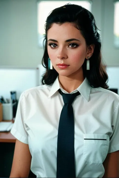 ,photo of a woman, , perfect hair, beautiful perfect skin, ((busy office)), (modern photo, necktie, shirt), 24mm, (analog, cinematic, film grain:1.3), , detailed eyes, (upper body), (looking at viewer), earrings, (eyeliner, eyelashes) <lora:robertavasquez-v2:0.6>
