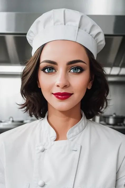 , photo of a woman, , ((chef hat, chef jacket, commercial kitchen)), smiling, (lipstick, blush, eye shadow), ((best quality, masterpiece, extreme details, high resolution):1.2),((detailed eyes, beautiful eyes, detailed face, beautiful face):1.2) <lora:robertavasquez-v2:0.5>