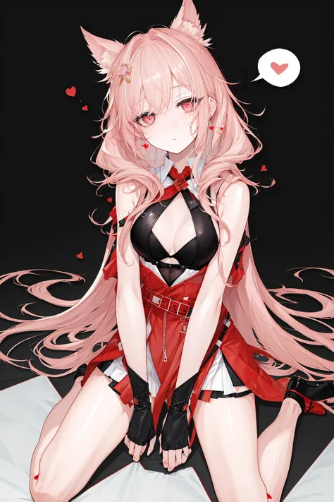 hongxue,(wariza:1.2),expressionless,pink eyes,bare legs, spoken heart, wink,head tilt, hands between legs,