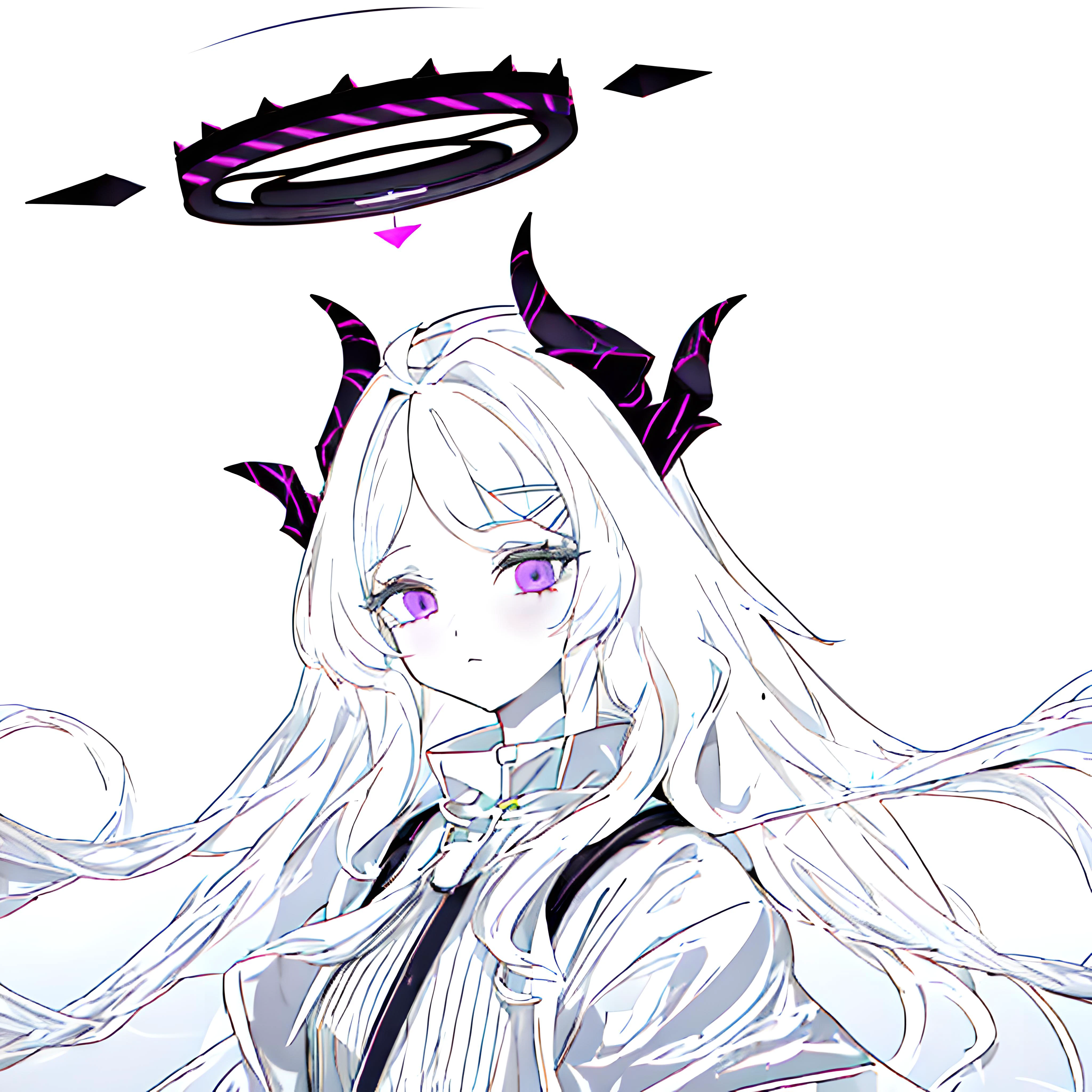 1girl, looking at viewer, white hair, looking up, <lora:sorasakiHinaLoraBlue_hina1:0.7>, <lora:kincoraStyleLora66MB_8DimUNETOnlyFORNAI:0.4>, multiple horns, halo, absurdly long hair, simple background, (expressionless), hina_(blue_archive), white background, absurdres, masterpiece, best quality, <lora:animeLineartMangaLike_v30MangaLike:0.9>, (gradient, lineart, monochrome, spot color), rainbow gradient, (gradient outline), purple theme, (white outline, green outline, pink outline, blue outline, purple outline, yellow outline, red outline, ),