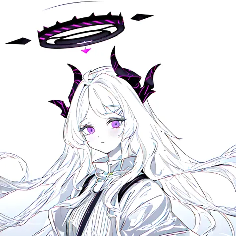 1girl, looking at viewer, white hair, looking up, <lora:sorasakiHinaLoraBlue_hina1:0.7>, <lora:kincoraStyleLora66MB_8DimUNETOnlyFORNAI:0.4>, multiple horns, halo, absurdly long hair, simple background, (expressionless), hina_(blue_archive), white background, absurdres, masterpiece, best quality, <lora:animeLineartMangaLike_v30MangaLike:0.9>, (gradient, lineart, monochrome, spot color), rainbow gradient, (gradient outline), purple theme, (white outline, green outline, pink outline, blue outline, purple outline, yellow outline, red outline, ),