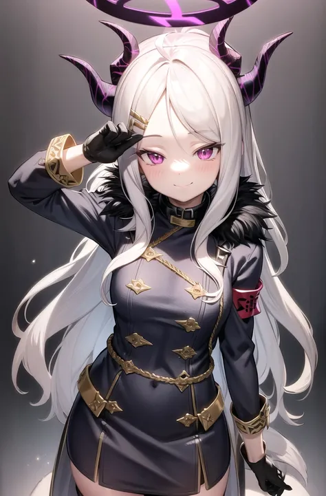 masterpiece, (highres:1.2), (ultra-detailed:1.3), (oil painting:0.8), (extremely detailed CG unity 8k wallpaper:1.1), (best shadow),
full body, solo, 1girl, looking at viewer, light particles,
cowboy shot, standing,
solo,
armband, bangs, black footwear, black gloves, black thighhighs, blue archive, blush, boots, chair, closed mouth, coat, cross-laced footwear, demon horns, fur trim, gloves, hair ornament, hairclip, halo, hand on another's head, highres, hina (blue archive), horns, jacket, long hair, long sleeves, looking at viewer, multiple horns, purple eyes,
smile,