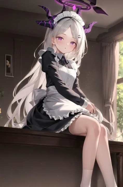 masterpiece, (highres:1.2), (ultra-detailed:1.3), (oil painting:0.8), (extremely detailed CG unity 8k wallpaper:1.1),
full body, solo, 1girl, looking at viewer, light particles,
solo,
blue archive, highres, hina (blue archive), long hair, looking at viewer, multiple horns, purple eyes, halo, indoors, sitting, white hair,
maid headdress, maid apron, maid headdress, maid,