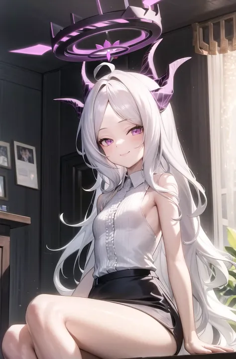 masterpiece, (highres:1.2), (ultra-detailed:1.3), (oil painting:0.8), (extremely detailed CG unity 8k wallpaper:1.1),
full body, solo, 1girl, looking at viewer, light particles,
solo,
blue archive, highres, hina (blue archive), long hair, looking at viewer, multiple horns, purple eyes,
smile, small breasts, very long hair, legs, bare arms, bare legs, bare shoulders, barefoot, blouse, halo, indoors, shirt, sitting, sleeveless, sleeveless shirt, thighs, white hair, white shirt