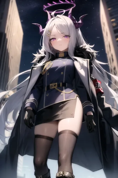 absurdres, masterpiece, best quality, ultra-detailed illustration, blue archive, hina (blue archive), 1girl, armband, black gloves, boots, black coat, (coat on shoulders:1.4), demon wings, fur collar, gloves, grey hair, hair ornament, halo, horns, long coat, long hair, medal, military, military uniform, miniskirt, multiple horns, purple eyes, black skirt, slit, small breasts, solo, thighhighs, uniform, wings, <lora:sorasakiHinaLora_hinaV2:0.5>,
outdoors, city, night, dark,
glaring, from below,