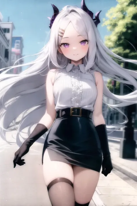 absurdres, masterpiece, best quality, ultra-detailed illustration, blue archive, hina (blue archive), 1girl, bangs, bare shoulders, black gloves, black skirt, blush, center frills, closed mouth, collared shirt, frills, gloves, grey hair, hair ornament, hairclip, head tilt, light smile, long hair, looking at viewer, parted bangs, pencil skirt, purple eyes, purple thighhighs, skirt, sleeveless, sleeveless shirt, solo, thighhighs, very long hair, white shirt, <lora:sorasakiHinaLora_hina1:0.5>,
outdoors, city, street, walking, wind