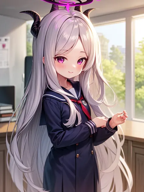 masterpiece, best quality, <lora:sorasakiHinaLora_hina1:0.5>, hinaba, hina_(blue_archive), full body, school uniform, blue archive, long hair, multiple horns, purple eyes, smile, very long hair, halo, small breasts, blush, studying,