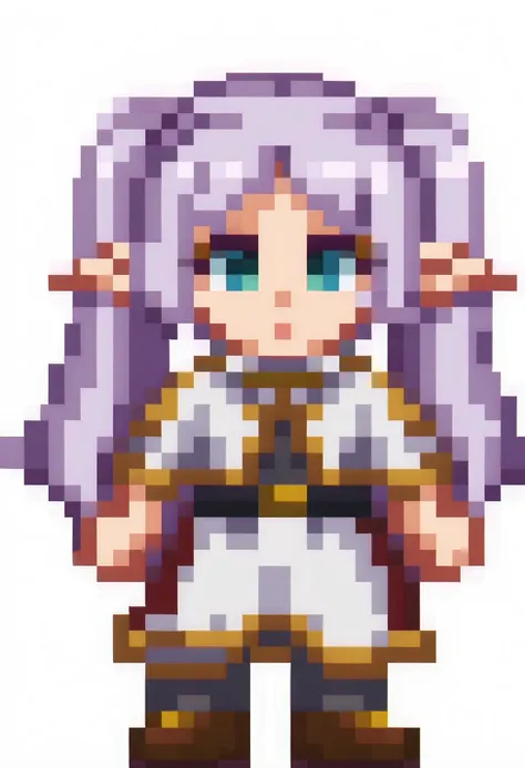 1girl, sfrieren, front facing, pixel art, <lora:Stardew_Valley_Sprites:1>, <lora:sfrieren_ponyxl:0.6>, white background, full body