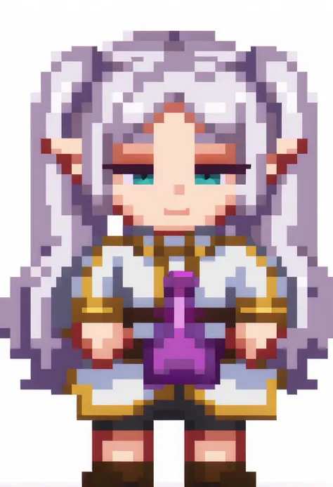 1girl, sfrieren, front facing, pixel art, <lora:Stardew_Valley_Sprites:1>, <lora:sfrieren_ponyxl:0.6>, white background, full body, white hair, aphrodisiac, potion, holding, holding bottle, seductive smile, half-closed eyes