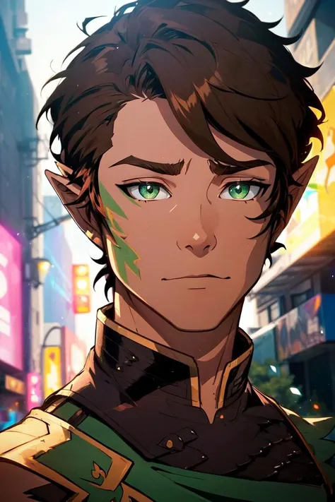 (FarrenLeafshade:1.5), (brown hair, green eyes, short hair), (man, male, boy:1.2), (sharp jawline, man facial features), (realistic:1.2), (masterpiece:1.2), (full-body-shot:1),(Cowboy-shot:1.2), neon lighting, dark romantic lighting, (highly detailed:1.2),(detailed face:1.2), (gradients), colorful, detailed eyes,, (natural lighting:1.2), solo <lora:LEGOElvesFarren-10:0.90> <lora:add_detail:0.3> <lora:BeautifulEyes:0.6>