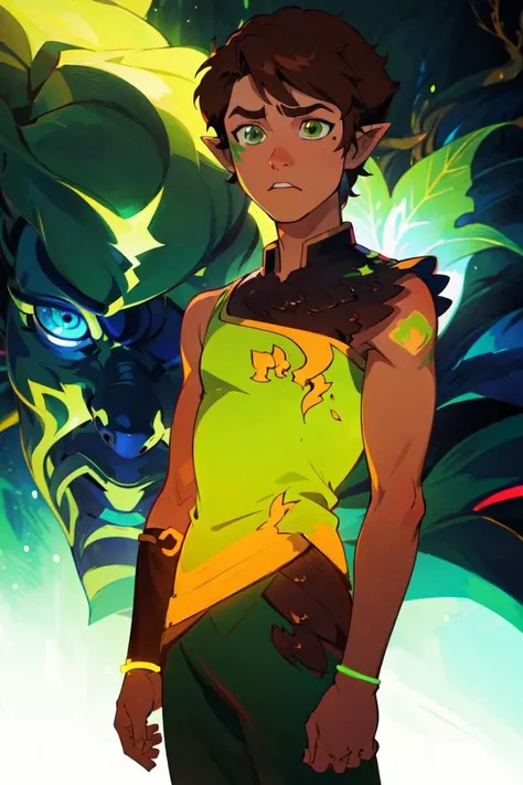 (FarrenLeafshade:1.5), (brown hair, green eyes, short hair), (man, male, boy:1.2), (sharp jawline, man facial features), (realistic:1.2), (masterpiece:1.2), (full-body-shot:1),(Cowboy-shot:1.2), neon lighting, dark romantic lighting, (highly detailed:1.2),(detailed face:1.2), (gradients), colorful, detailed eyes,, (natural lighting:1.2), solo <lora:LEGOElvesFarren-10:0.90> <lora:add_detail:0.3> <lora:BeautifulEyes:0.6>