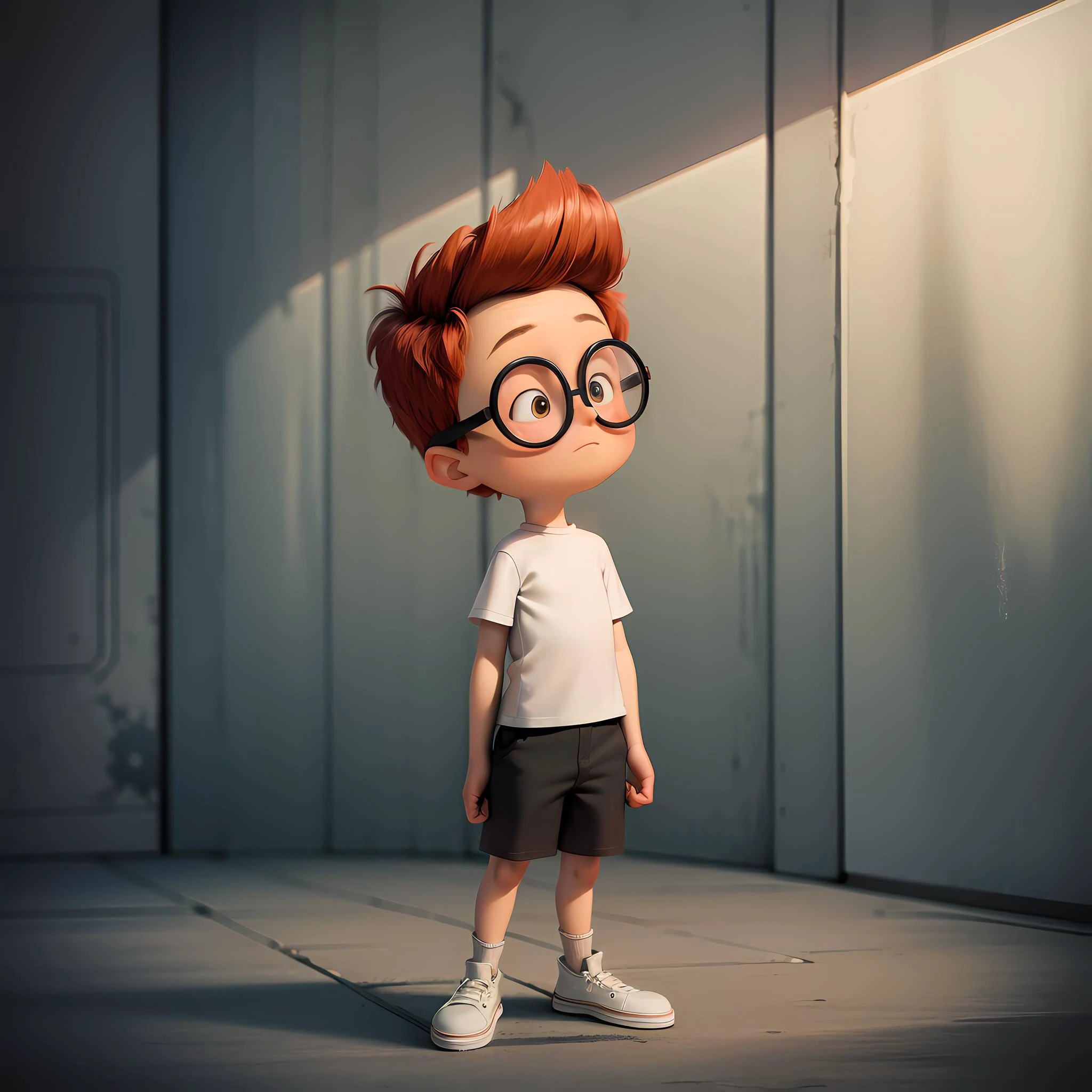 ((masterpiece, best quality)),(complex light), 1boy, full body, solo,, sherman,red hair,glasses, <lora:sherman_mr_peabody1-10:0.6>,white shirt, black shorts,