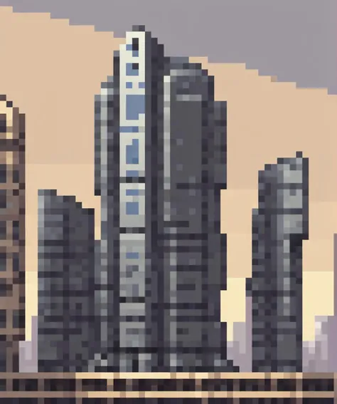 , <lora:PixelArtRedmond-Lite64:1> Pixel Art, PixArFK, Office Buildings, Conglomerate stone, science fiction, building, architecture