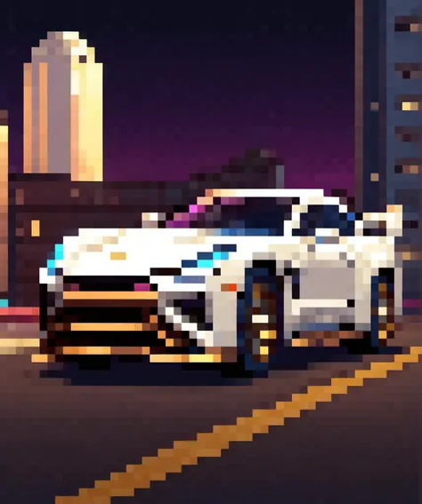 , <lora:PixelArtRedmond-Lite64:1> Pixel Art, PixArFK, white and brass science fiction hovering industrial luxury car by a downtown hotel, science fiction, night time, volumetric light, dutch angle, cinematic angle