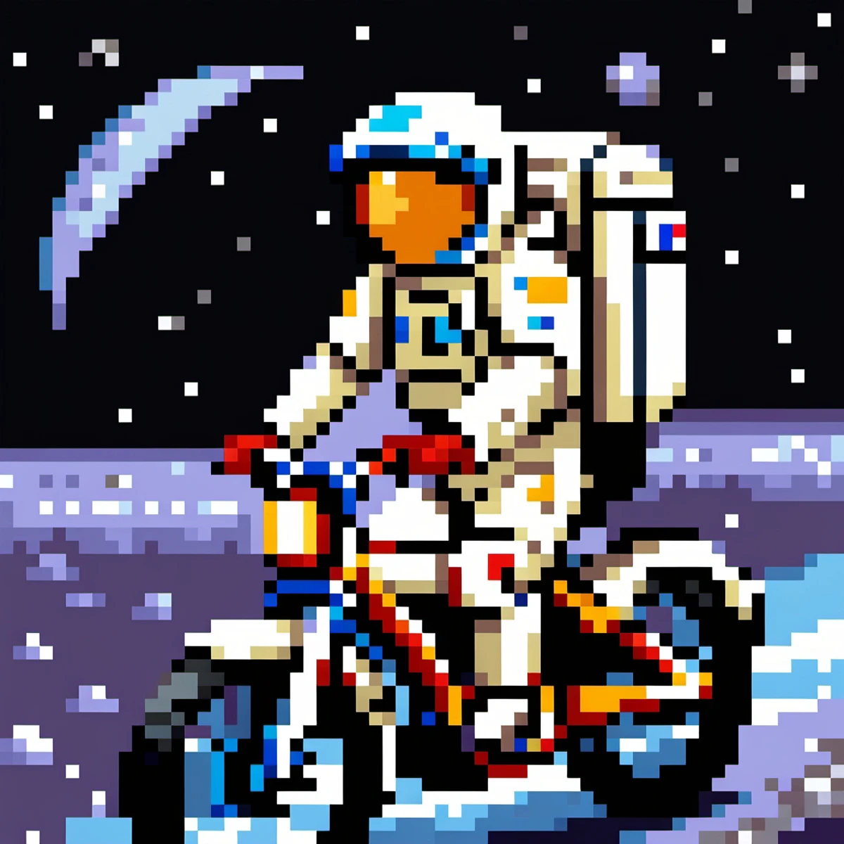 <lora:PixelArtRedmond-Lite64:1> (Pixel Art, PixArFK), spaceman riding a bicycle on the moon