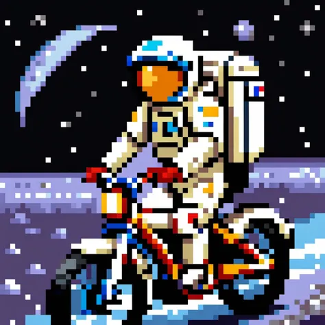 <lora:PixelArtRedmond-Lite64:1> (Pixel Art, PixArFK), spaceman riding a bicycle on the moon