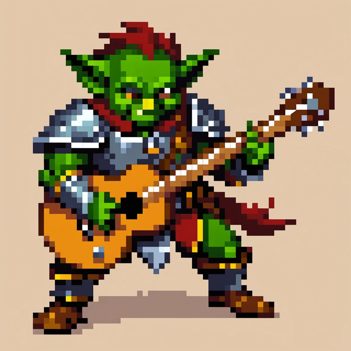 <lora:PixelArtRedmond-Lite64:1> (Pixel Art, PixArFK), goblin battle bard, wearing full armor, holding a guitar