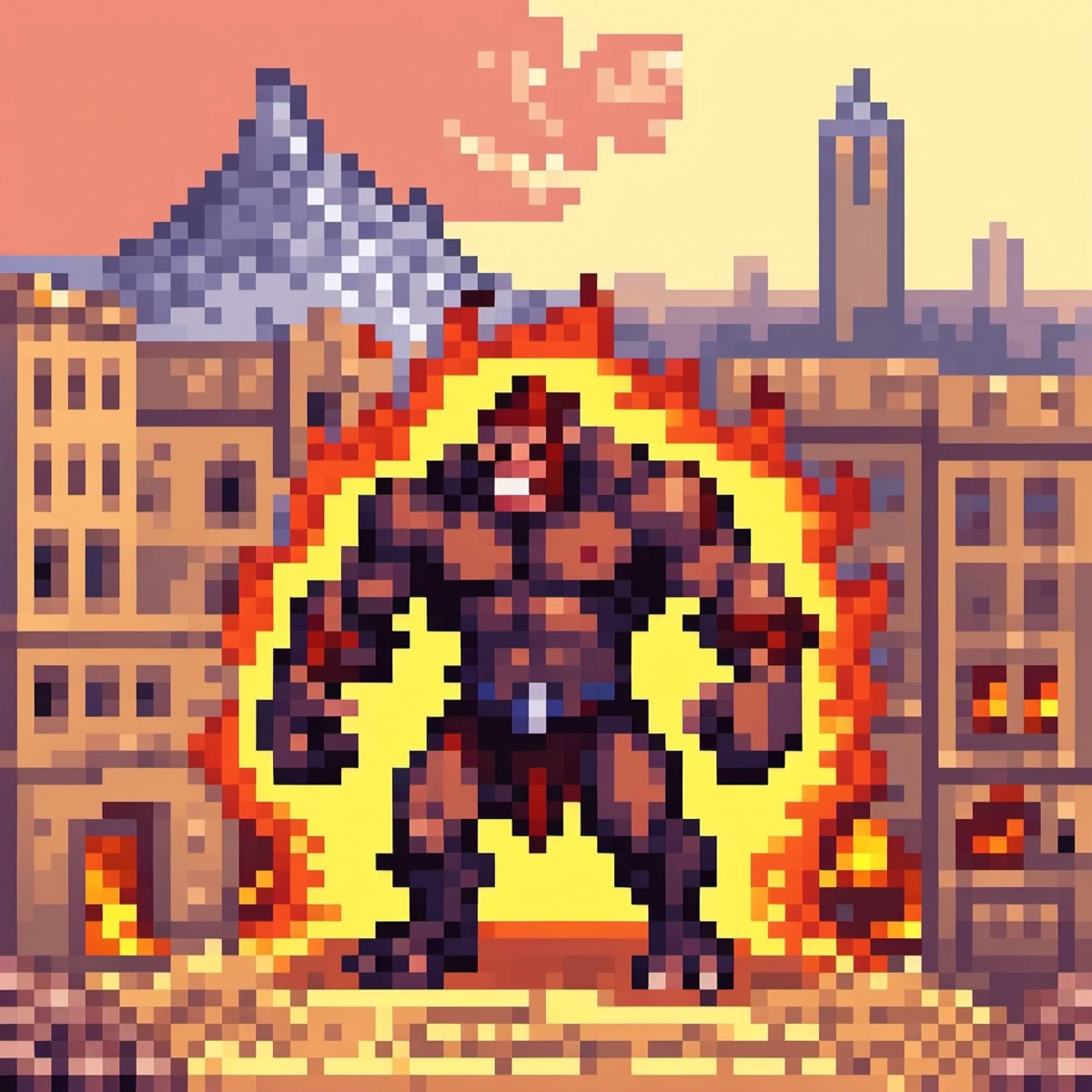 <lora:PixelArtRedmond-Lite64:1> (Pixel Art, PixArFK), ape demon with muscles, attacking, burning destroyed medieval city in background