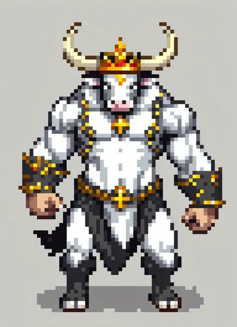 <lora:PixelArtRedmond-Lite64:1> (Pixel Art, PixArFK), huge human like bull standing up on back feet, with white horns, (wearing a big crown), black and white fur, wearing armor