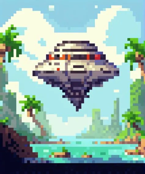 , <lora:PixelArtRedmond-Lite64:1> Pixel Art, PixArFK, huge square spaceship landing on top of (paradise island:1.3),sunny day, space opera,
