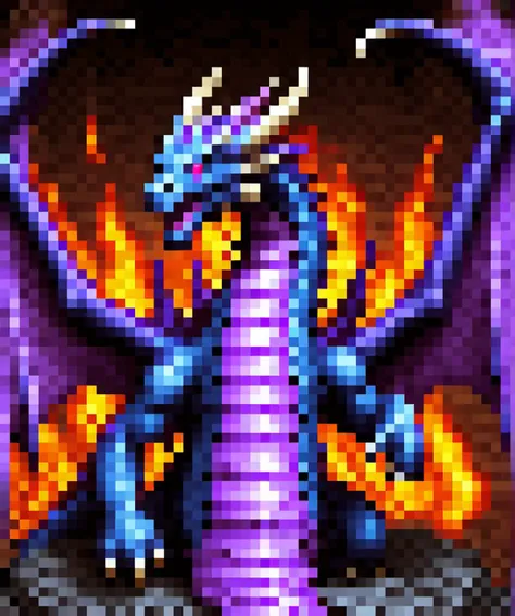 , <lora:PixelArtRedmond-Lite64:1> Pixel Art, PixArFK, a purple fire dragon in a dungeon, badass, action pose, detailed background, Dungeons and Dragons,