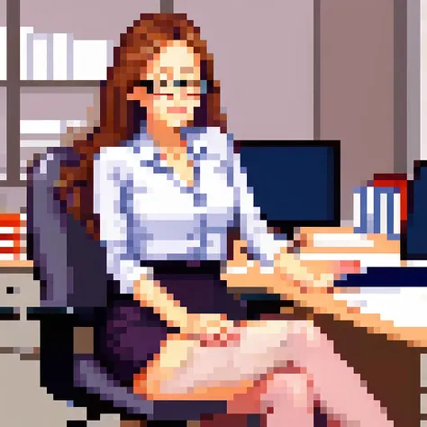 a lewd lady with long messy hair, wearing (glasses:1.2) and tight skirt with pantyhose, nose blush, half-closed eyes, open mouth, spreading legs, sitting in office room, front view, solo, sfw <lora:PixelArtRedmond-Lite64:1>