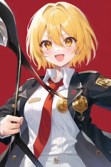 don quixote \(limbus company\), 1girl, solo, upper body, blonde hair, short hair, hair between eyes, orange eyes, collared shirt, white shirt, red necktie, black pants, open coat, black coat, badge, button badge, lapel pin, happy, looking at viewer, :d, holding weapon, weapon, lance, polearm, holding polearm, simple background, red background,  <lora:don-08:1>