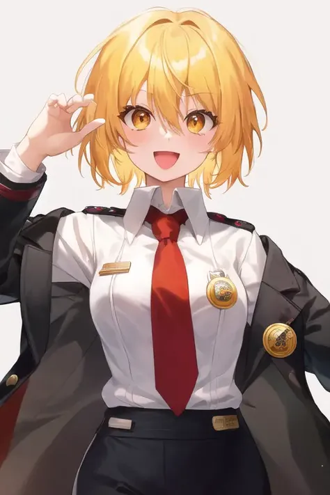 don quixote \(limbus company\), 1girl, solo, upper body, blonde hair, short hair, hair between eyes, orange eyes, collared shirt, white shirt, red necktie, black pants, open coat, black coat, badge, button badge, lapel pin, happy, looking at viewer, :d, simple background, red background, <lora:don-08:1>