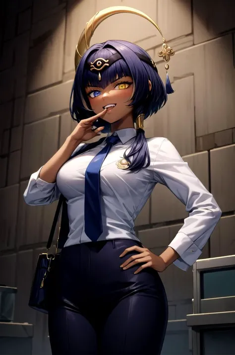 (masterpiece, best quality, detailed), 1girl, solo, looking at viewer, candace, (dark skin, dark-skinned female:1.3), eye of horus, jewelry, hair ornament, short hair with long locks, sidelocks, large breasts, long hair, ((heterochromia)),
pant suit, suit, formal, black suit, black pants, necktie, white shirt, sunglasses, <lora:basement_v0.2:1> basement, (dark:1.5), dimly lit, <lora:OjouSamaPose:1>, ojou-sama pose, laughing, hand on hip, naughty face, smug