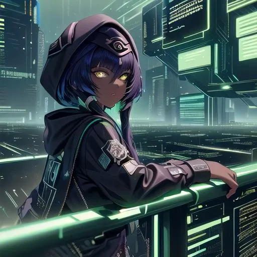 (masterpiece, best quality, detailed), 1girl, solo, looking at viewer, candace, <lora:candace-10:1> (dark skin, dark-skinned female:1.3), eye of horus,  <lora:HackedTech-20:1>hackedtech, hoodie, leather, data stream, green hues, outdoors, cyberpunk, city, night, city lights, neon lights, graffiti, car, railing, parted lips