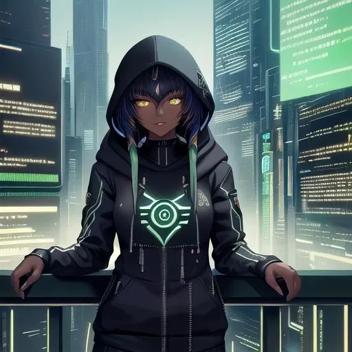 (masterpiece, best quality, detailed), 1girl, solo, looking at viewer, candace, <lora:candace-10:1> (dark skin, dark-skinned female:1.3), eye of horus, <lora:HackedTech-20:1>hackedtech, hoodie, leather, data stream, green hues, outdoors, cyberpunk, city, night, city lights, neon lights, graffiti, car, railing, parted lips
