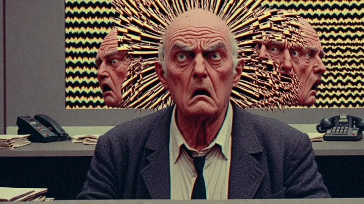 grumpy old man in office<lora:Glitch Aesthetic epoch 01:2> Glitch Aesthetic <lora:Glitch Aesthetic epoch 02:1>