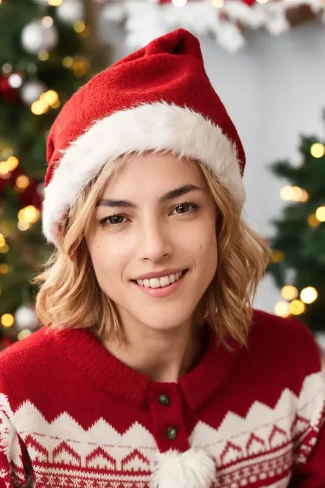 portrait photography, red ugly sweater, Santa hat, cozy room, Christmas, lovely smile, soft colors, bokeh, masterpiece, high quality, (high detailed skin:1.1)
<lora:cassandra_anderson_dredd_lora_v01:0.85> and3r5on