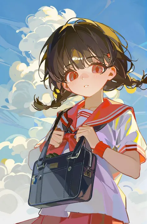 quality good,ciloranko,[sho_(sho_lwlw)],((tianliang duohe fangdongye)),(ningen_mame:0.7),
1girl,short black hair,red eyes,looking at viewer,half body,holding a school bag,wearing a seifuku,under the clear day sky,high resolution illustration,A full art illustration in a flat anime style,her twin braids and jewelry adding to her charm. An upper body portrait of this unique character with one eye red,,masterpiece,best quality,