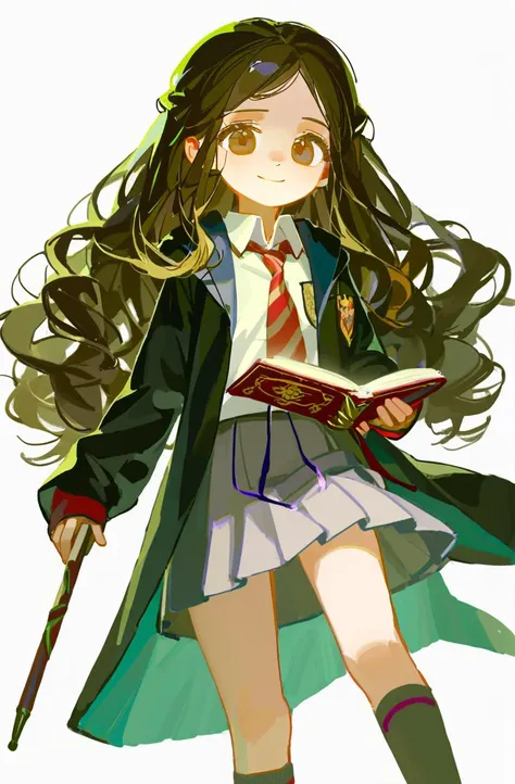 quality good,ciloranko,[sho_(sho_lwlw)],(((tianliang duohe fangdongye))),(ningen_mame:0.7),hogwarts school uniform,1girl,solo,long hair,book,school uniform,holding,wand,skirt,brown eyes,brown hair,grey skirt,socks,pleated skirt,holding wand,holding book,kneehighs,smile,long sleeves,necktie,shirt,simple background,white background,feathers,bangs,shoes,standing,looking at viewer,white shirt,wavy hair,robe,black robe,