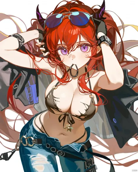 quality good, ciloranko, [sho_(sho_lwlw)], (((tianliang_duohe_fangdongye:1.3))) , (ningen_mame:0.7), 1girl,  breasts,  surtr (arknights),  long hair,  red hair,  solo,  swimsuit,  purple eyes,  bikini,  eyewear on head,  armpits,  horns,  black bikini,  mouth hold,  navel,  looking at viewer,  front-tie top,  torn pants,  denim,  large breasts,  pants,  open fly,  torn clothes,  sunglasses,  stomach,  gloves,  black gloves,  arms up,  cowboy shot,  fingerless gloves,  jeans,  very long hair,  front-tie bikini top,  cleavage,  hair between eyes,  hair tie in mouth,  arm strap,  bangs,  bare shoulders,  string bikini,  torn jeans,  tying hair,  blue pants,  standing,  thigh strap,  side-tie bikini bottom,  halterneck,  demon horns,  star (symbol),  o-ring