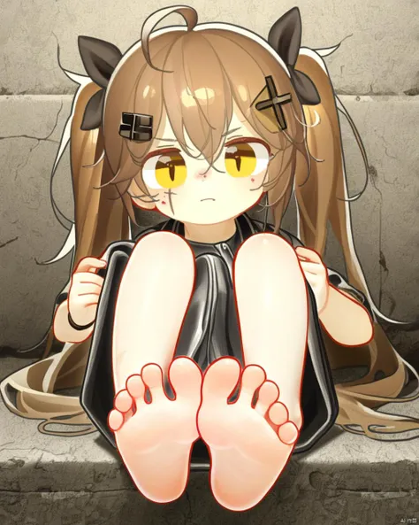 tianliang duohe fangdongye,  tianliang duohe fangdongye,  tianliang duohe fangdongye,  tianliang duohe fangdongye,  tianliang duohe fangdongye,  quality good,  1girl,  barefoot,  ump9 (girls' frontline),  foot focus,  feet,  soles,  brown hair,  toes,  twintails,  solo,  scar across eye,  hairclip,  scar,  hair ornament,  :3,  scar on face,  aged down,  official alternate costume,  long hair,  brown eyes,  foreshortening,  yellow eyes,  ump45 (girls' frontline),  ahoge,  looking at viewer