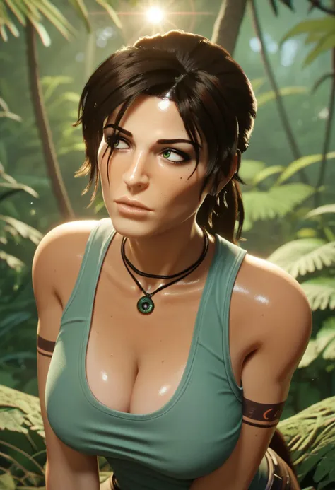 score_9, score_8_up, score_7_up, score_6_up, BREAK  <lora:radroachhd-guy-PONYv1:1>, 1girl, solo, lara croft, portrait, tank top, jungle, depth of field, cleavage, shiny skin, necklace, lens flare, looking to the side,