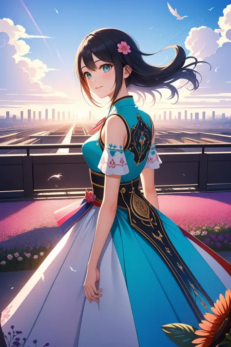 1girl, (by Sergio Leone:0.9) , colorful Water color painting, elegant, birds-eye-view shot of a ("All of me loves all of you.":1.3) , it is very Signature and Cruel, Universal Beijing in background, Primordial flower field with Ash, Bathed in shadows, FOV 90 degrees, Happy, Europunk, natural lighting, 50mm, Vivid and Turquoise hue, Crepuscular Rays, sgraffito, trending on CGSociety, unreal engine