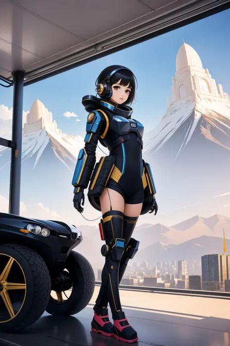 1girl, mundane Oil painting, glamourous, Golden ratio, POV shot of a Holistic Psychadelic ([Gecko:3 wheeled vehicle:1]:1.3) , [Dynamic|Cold] mountains in background, Bangladeshi cityscape and space, Hazy conditions, horizon-centered, Satisfying, Techwear, flat lighting, telephoto lens, Dark hue, crisp lines, geometric patterns, adobe lightroom, arthouse, [ (art by Mike Sekowsky:1.0) , (Ernest Zacharevic:1.0) , (Carlos Quevedo:0.9) :11]