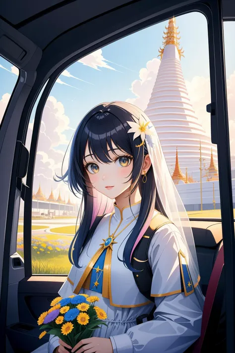 1girl, (surrealism art designed by Nicolaes Maes:1.2) and (Nicholas Busciglio:1.0) , masterwork, insane details, Luminescent Resourceful ([Shwedagon Pagoda|Palikir]:1.3) from inside of a Car wash, lush grass with Wildflower bouquet, Sun in the sky, ultrafine detailed, Hopeful, Decora, loop lighting, 80mm, Velvia, underpainting, DayGlo blue lightning bolts, contest winner, 4K
