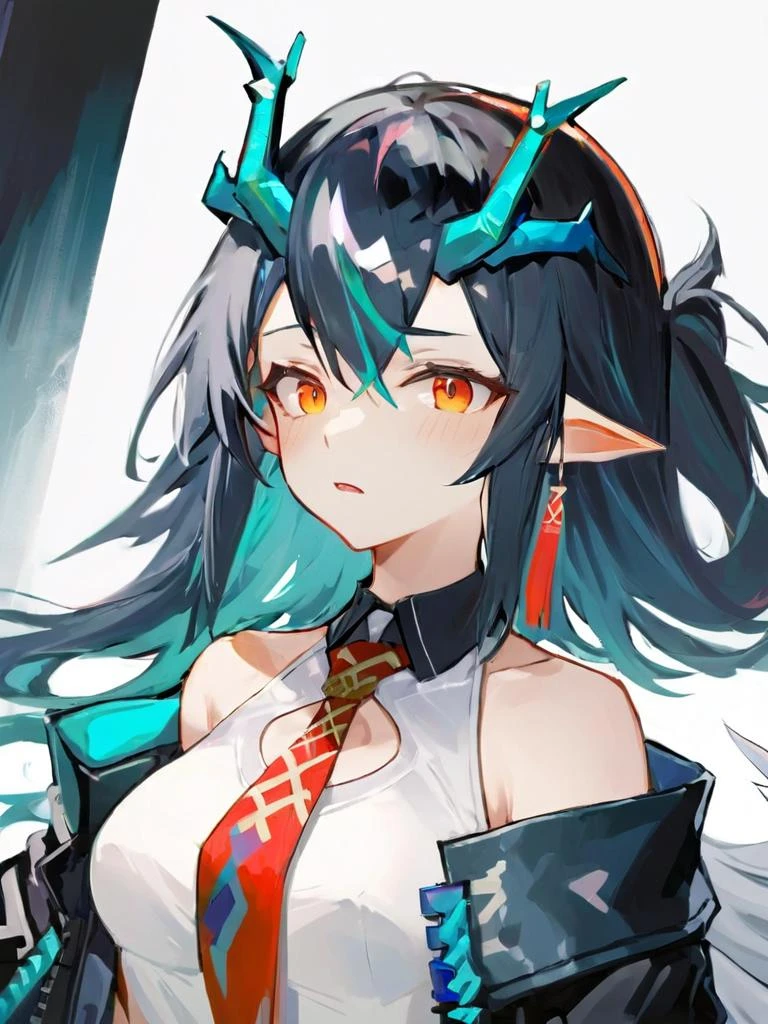 ultra-detailed,(best quality),((masterpiece)),(highres),original,extremely,<lora:durkx_xl:0.8>,dusk (arknights),white dress,necktie,red necktie,white background,open clothes,upper body,off shoulder,simple background,jacket,bare shoulders,black jacket,open jacket,hand up,closed mouth,open coat,coat,black coat,