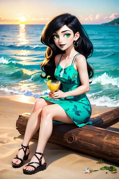 esmeralda,hoop earrings, green eyes,hairband, long black hair, dark skin, bracelet, white shirt, off shoulder cleavage, long purple skirt, looking at viewer, serious, smirk, sittng, on log, holding champagne glass full of orange juice, outside, beach, ocean, sunset, dusk, high quality, masterpiece, <lora:esmeraldaV4:.7>