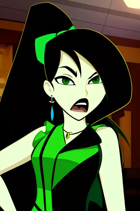 shego, 1girl, solo, long_hair, open_mouth, black_hair, long_sleeves, very_long_hair, green_eyes, upper_body, colored_skin, parody, nudity, nsfw, mature, adult, erotic, focus on breasts, detailed hair, detailed face, upperbody, masterpiece, best quality, looking at viewer, highly detailed, topless, seductive, highly detailed, teasing, lust, blushes, color, seductive, breasts out, colorful, presenting, proud, full upper-body, happy, naughty smile, medium breasts