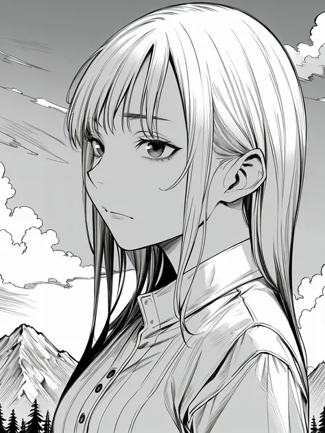 HEZI, black and white line, line tension, character tension, cool,monochrome, greyscale,1girl,solo,upper body,outdoors,mountian,sky,day,(((masterpiece,best quality))),((good structure)),((Good composition)), ((clear, original,beautiful))<lora:é»ç½çº¿ç¨¿-000003:0.6>