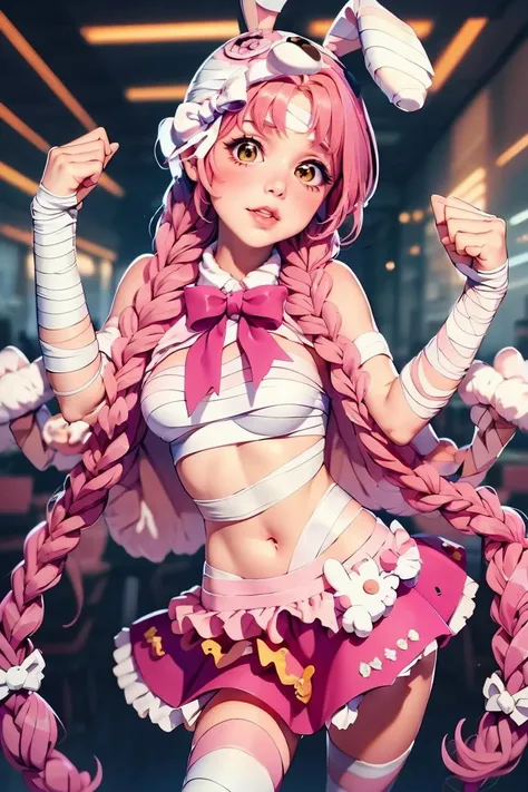 (masterpiece, best quality), 1girl, beautiful face, <lora:mimi:1> (pink striped stocking), bandaged bunny ears, pink skirt, bandaged, very long braids,