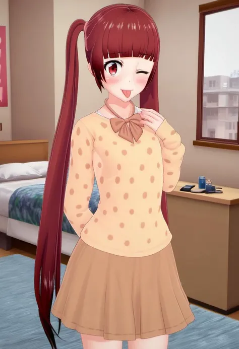 source_anime, <lora:Ami_Arakawa_from_LiL_PonyXL:0.8>, ami_arakawa, blush, 1girl, twintails, solo, looking at viewer, polka dot, skirt, arm behind back, indoors, bedroom, one eye closed, brown skirt, tongue, tongue out, score_9, score_8_up, score_7_up, score_6_up, score_5_up, score_4_up