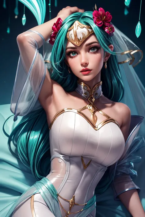 (ultra realistic,32k,RAW photo:1.1),(high detailed skin:1.1), 8k uhd, dslr, high quality, film grain, (makeup, mascara:1.1), lips,(thick\lips\), 
(shiny glossy translucent clothing:1.1), <lora:sigrunV1:0.7>wed_sigrun,  wed_sigrun, flower, veil, bride, white dress,hair flower, bridal veil, bare shoulders, strapless, detached collar, feather trim, <lora:add_detail:0.83>, 
Sitting with one knee up, hand on knee, 
 (busty:1.1) ,  (chubby:0.1),(bioluminiscent:1.2),<lora:LowRA:0.4>, dark theme, blank background